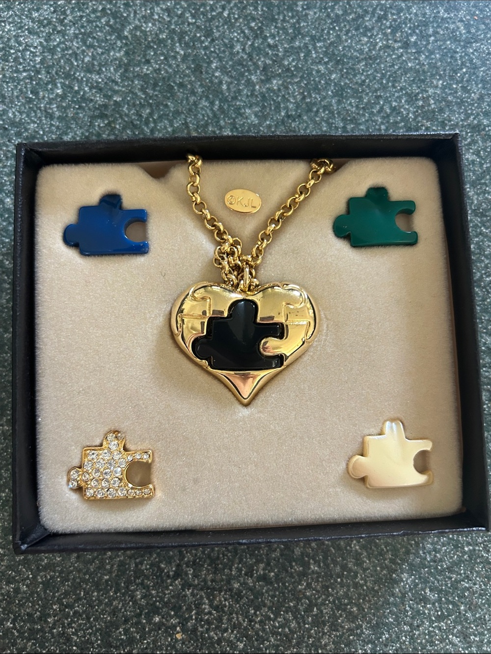 Kenneth Jay Lane Gold Heart Puzzle Locket Necklace with Blue Green Black Accents